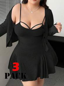 SHEIN MOOSTA Bộ 3 áo thun tay dài cài nút phía trước hở họa tiết hoa màu xám cỡ lớn, áo hai dây và chân váy cạp chun - màu đen - Xem 1