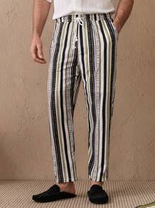 Manfinity VCAY 编织男士简约印花休闲裤，长款锥形度假沙滩裤，适合丈夫、男朋友的礼物 - 彩色 - 查看 6