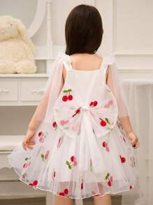 SHEIN Glamorique Kids Flower Girl, Little Girl, Princess Dress, Cherry Embroidered Mesh, Fluffy And Connected Clothes, Big Bow, White Mesh Suspender Dress, Birthday Party, Wedding, Holiday Dress, European And American Seasonal Dress, Easter, Summer, Vestido Elegance Para Fiesta - White - View 2