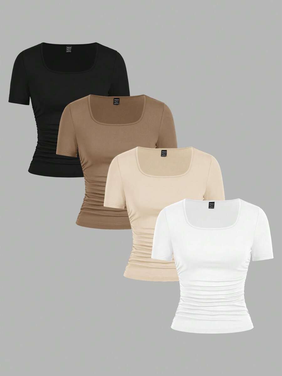 SHEIN EZwear Set de 4 camisetas de cuello redondo de manga corta minimalistas y llanas para mujeres, cómodas y casuales, aptas para primavera/verano - Multicolor - Ver 1