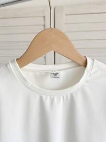 SHEIN 青少年女孩休闲纯色宽松圆领卷袖短款T恤 - 白色 - 查看 4