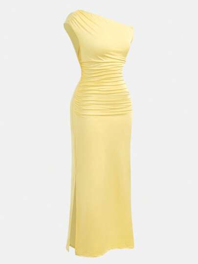 SHEIN Girlism Teen Girls Yellow Knitted Asymmetric Shoulder Ruched Waist Fitted Snug Fit Dress, Casual & Elegant
