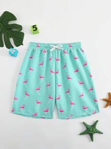 Short de baño informal con cintura de cordón y estampado de flamencos para adolescentes