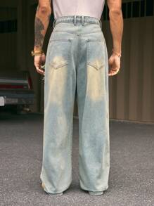 AXEPEAK Jeans anchos con estilo desgastado y parches hombres, con ajuste recto y holgado, estilo callejero