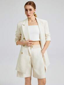 Ontre 2 件套女士 2025 纯色双排扣西装外套和短裤套装 - 杏色 - 查看 8