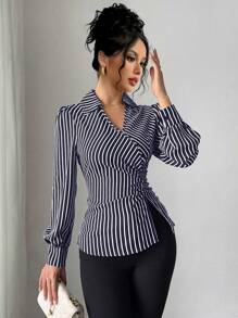 Chiquease Women's 2024 New Style V-Neck Ruched Waist Design Elegant Blouse - Royal Blue - View 4