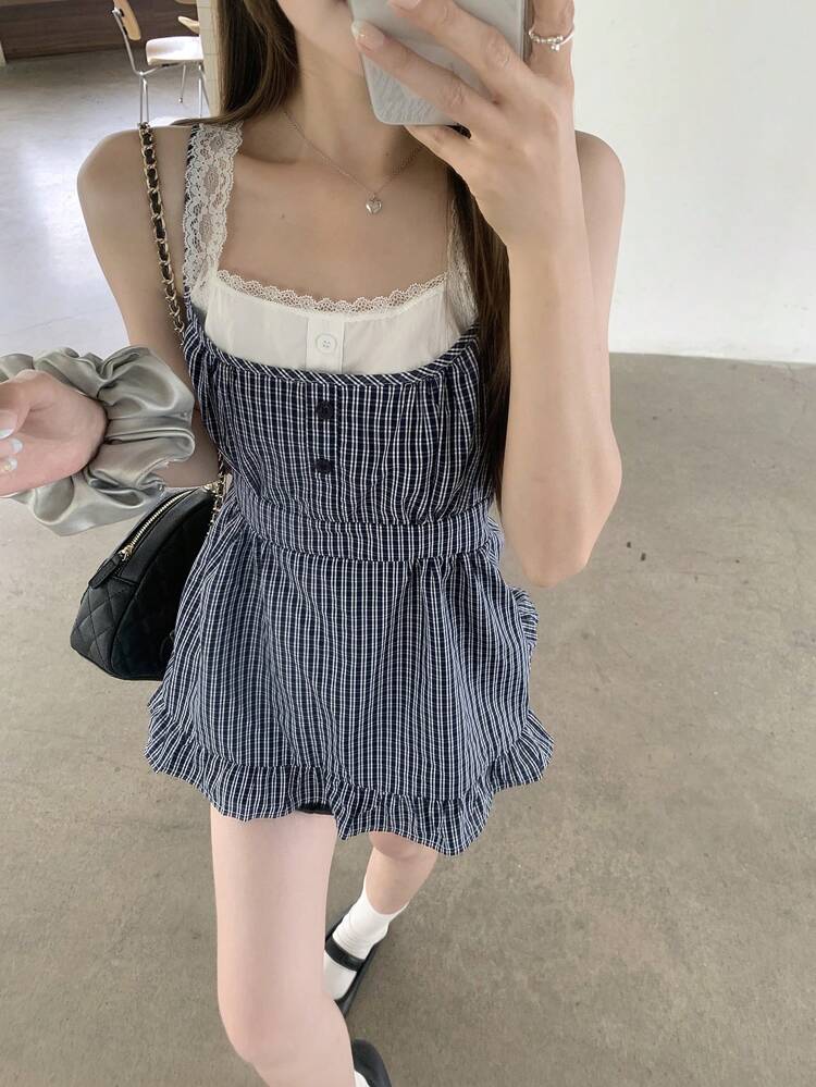 Women's Plaid Contrast Color Lace Trim Tank Top Sleeveless Top, Casual Summer