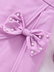 2pcs/Set Tween GirlsRibbed Pearl Trim Sleeveless Top & Solid Bow Skirt Shorts Casual Summer Outfit