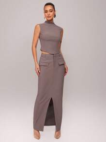 Silquee Damska jednolita szara spódnica maxi z rozcięciem na dole na lato - Szary - Zobacz 8