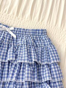 SHEIN Leap Crew Teen Girls Blue Plaid Ruffled Layered Ruched Cute Sweet Shorts - Blue - View 5
