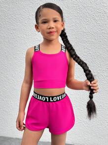SHEIN 2pcs Young Girl Knitted Solid Color Letter Elastic Cuff Tank Top And Shorts Sports Set - Hot Pink - View 3