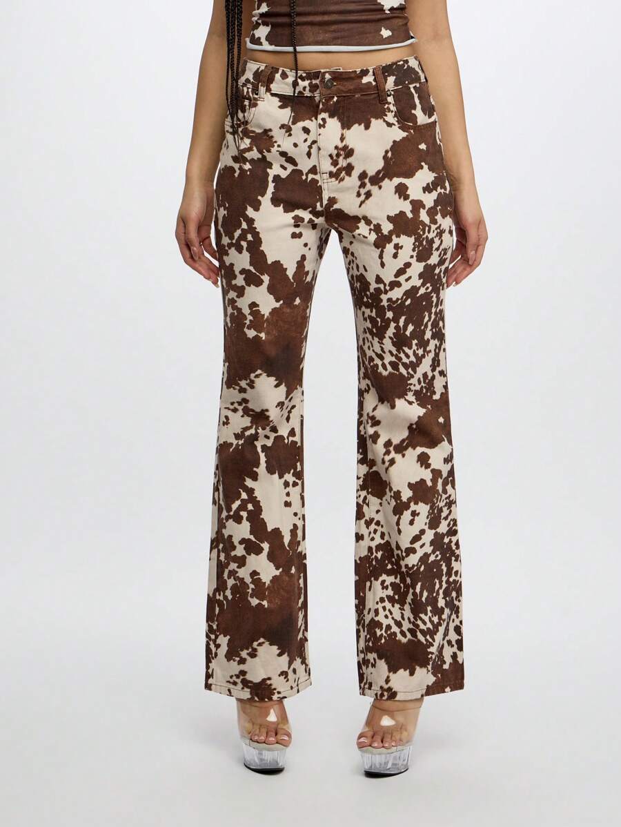 SUMWON WOMEN 复古牛仔印花喇叭牛仔裤西式喇叭裤高腰牛仔裤 Y2K 时尚宣言阔腿裤秋冬