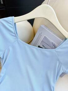 Franclia Elegant Square Collar 3D Floral Ruffle Fitted Short Sleeve T-Shirt - Blue - View 8