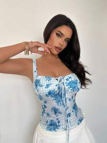 Firerie Damen Neue Blau und Weiß Blumen Kariert Großer Quadratischer Kragen Top, Gestricktes Dehnbares Top, Urlaubs Top, Blau und Weiß Blumen Top, Urlaub, Strand, Boho, Hawaii, Musikfestival