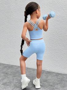 SHEIN 2pcs/Set Young Girl Solid Color Knit Camisole Top And Shorts Activewear Set