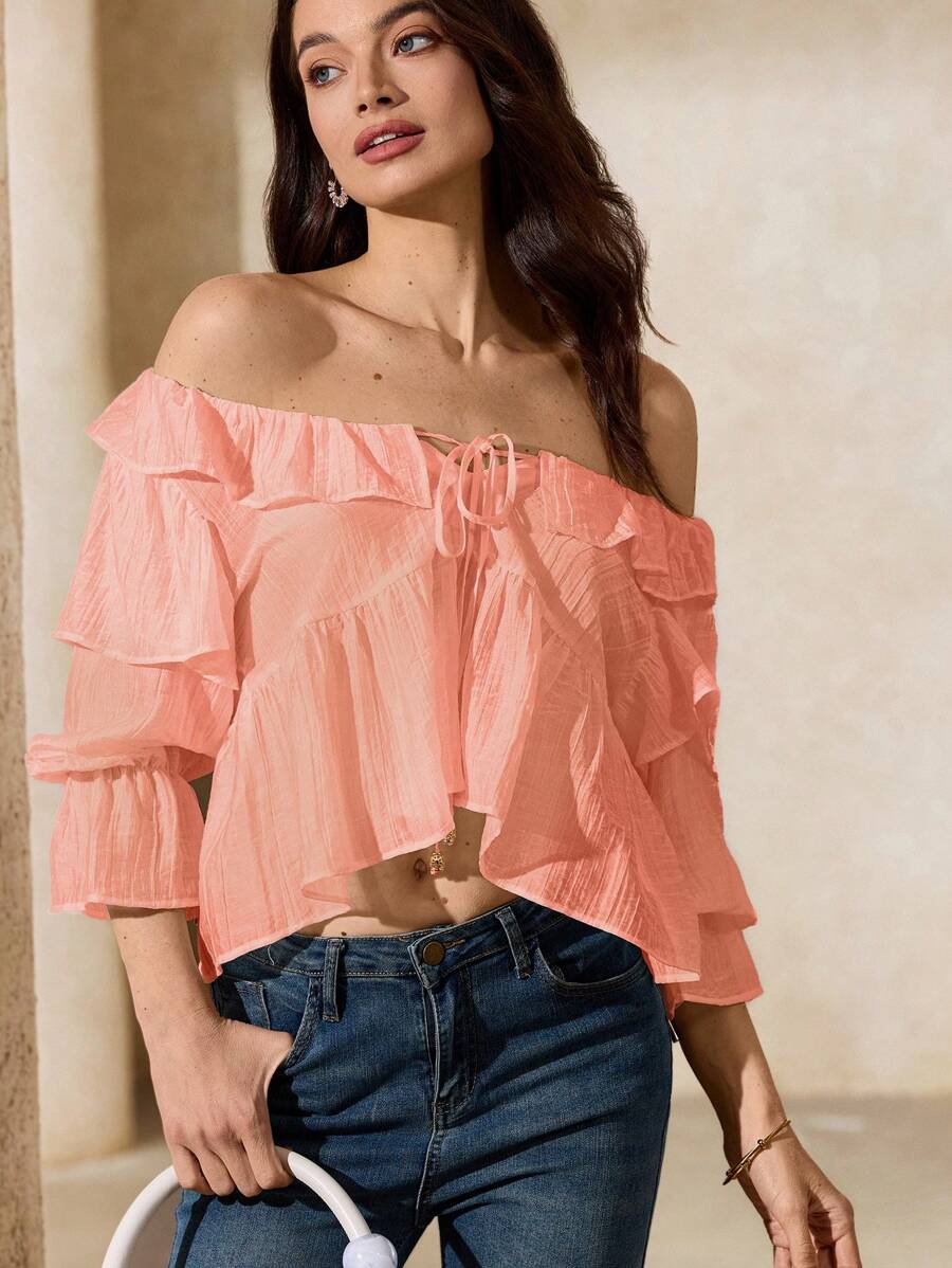 Revavyn Áo cánh nữ tay bồng, vải organza họa tiết voan cổ chữ V thanh lịch, thiết kế boho thời trang cho mùa xuân thu, áo trễ vai - Hồng - Xem 1