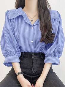 DAZY Women's Turn-Down Collar Striped Half Sleeve Lantern Sleeve Loose Blouse, Spring/Summer/Autumn