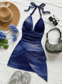 Soleia 性感复古渐变色露背 V 领系带网眼褶皱不对称下摆浪漫度假迷你连衣裙女 - 彩色 - 查看 6