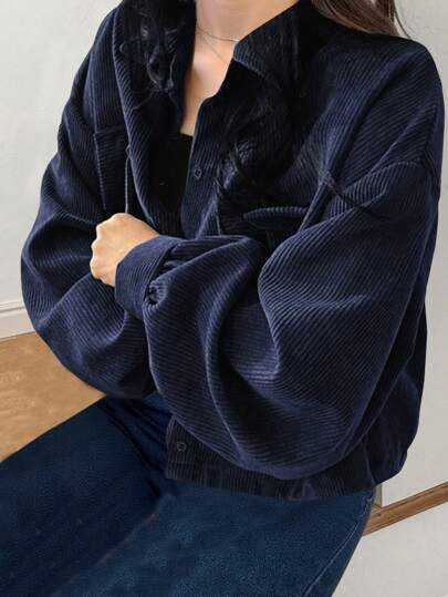 FRIFUL Chaqueta corta holgada de mujer con bolsillos, decorada en terciopelo azul marino