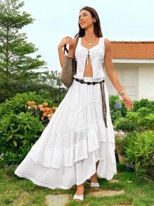 SHEIN VCAY Minigonna asimmetrica con vita elastica e pizzo a contrasto, per vacanze estive, abbigliamento estivo da donna