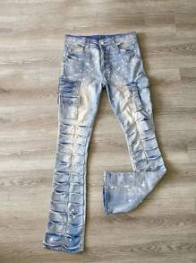 Manfinity LEGND Men's Casual Washed Distressed Cargo Denim Pants - Light Wash - View 6