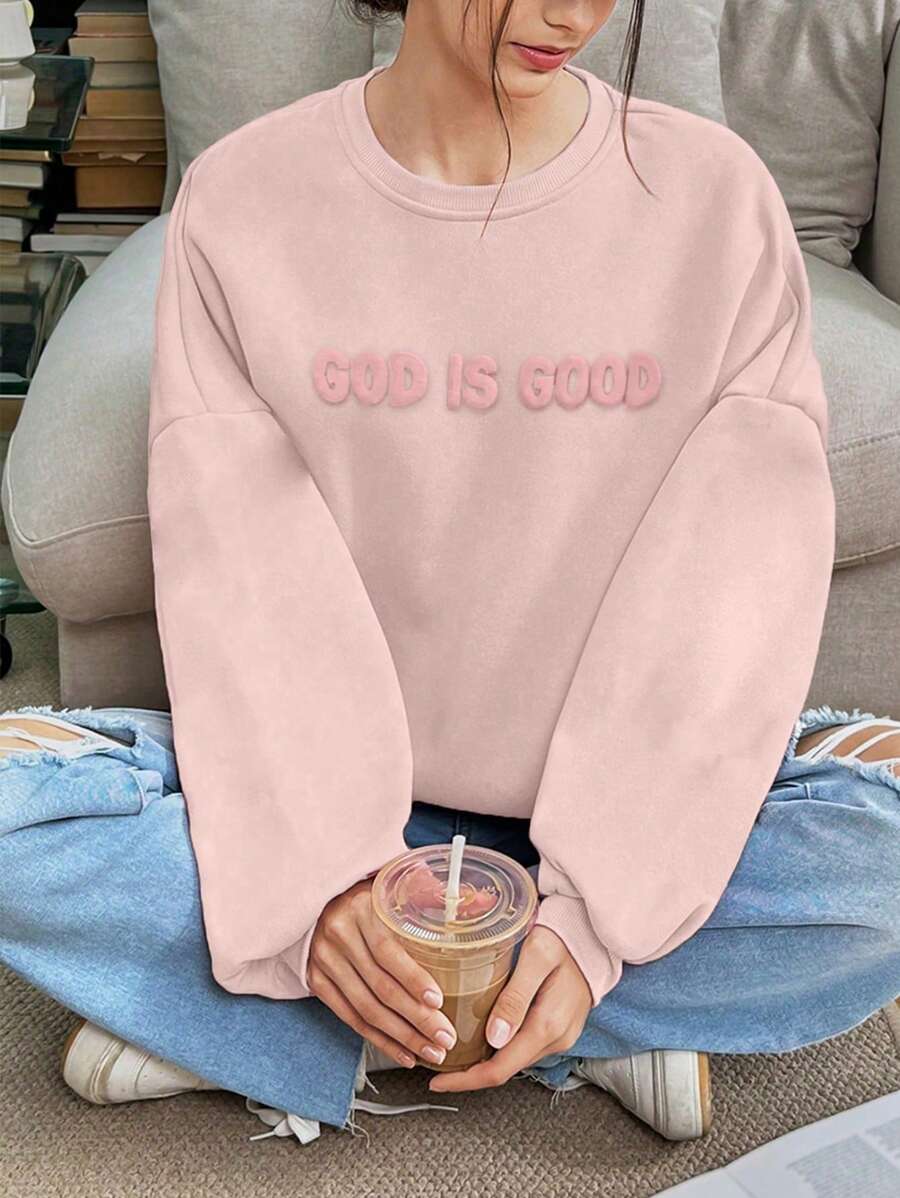 INAWLY Women's White Christian Sweatshirt, Faith Sweatshirt, God Is Good Puff Sleeve Design Crew Neck Christian, Baptism Gift, Church Hoodie Pullover,Graduation,Teacher,Back To School Fall - Pink - View 1