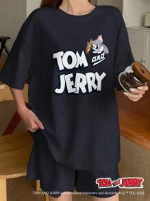 TOM AND JERRY X DAZY 休閒寬鬆字母印花短袖T恤與短褲睡衣套裝 夏季 - 藏蓝色 - 查看 5