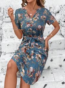 SHEIN Clasi 亚麻度假装女士，夏季优雅女士 V 领亚麻花卉印花插肩袖系带腰部 A 字形连衣裙，适合多种场合，日常通勤，旅行均可 - 藍色 - 查看 6