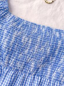 SHEIN Blusa azul y blanca con volantes y línea A a cuadros en estilo retro, casual tipo universitario