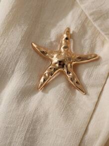 Franclia Vestido midi ajustado de manga corta con decoración de cinturón cruzado en la cintura y botón de estrella de mar metálico, casual de negocios, color albaricoque, primavera/verano - Albaricoque - Ver 6