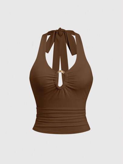 Sweetra Vintage Sexigt V-ringat Linne med Metallspänne och Dekor