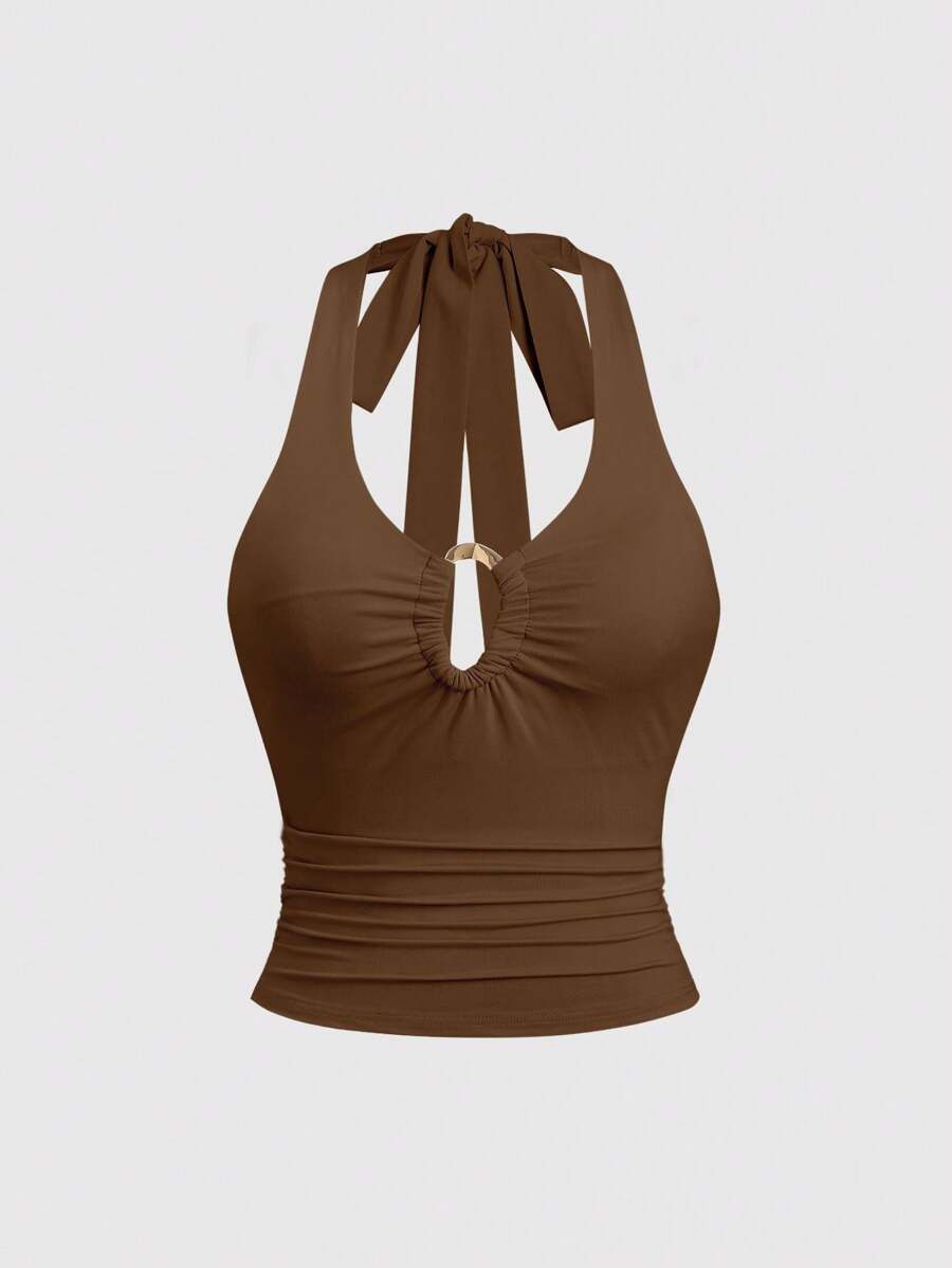 Sweetra 复古性感V领金属扣装饰吊带背心 - 棕色 - 查看 1