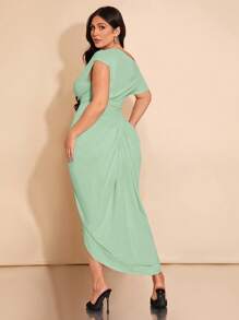 SHEIN BAE Quần áo mùa xuân hè đi nghỉ biển cỡ lớn thời trang thu đông cho nữ thanh lịch cho bữa tiệc hẹn hò màu đen co giãn thoải mái với các chi tiết xếp nếp váy trễ vai xẻ tà bất đối xứng, váy midi xẻ tà, váy sinh nhật cho nữ - Màu xanh Bạc hà - Xem 2