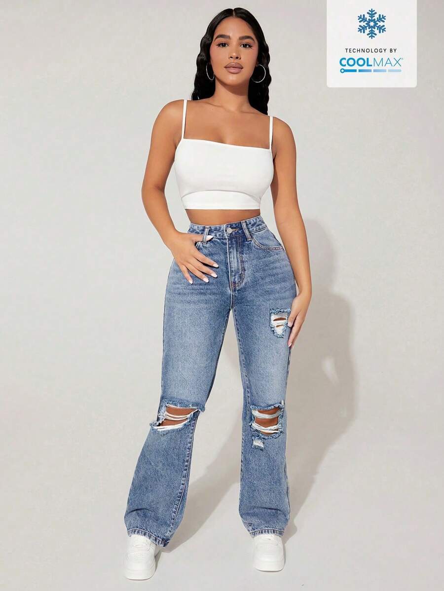 SHEIN PETITE 纯色破洞口袋休闲时尚牛仔裤 - 霧霾藍 - 查看 1