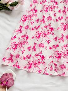Soleia Vacation U-Neck Puff Sleeve Floral Print Dress - Pink - View 5
