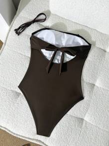 Swim Chiccia 1 件棕色金属装饰无肩带比基尼上衣，带可拆卸肩带，性感优雅的女士假日泳装 - 棕色 - 查看 5