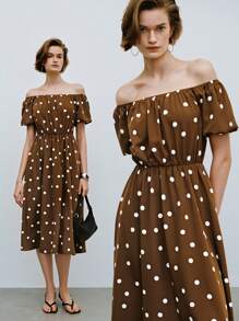 Lumivelle Polka Dot Off Shoulder Long Dress With Puff Sleeves, Retro Style - Mocha Brown - View 1