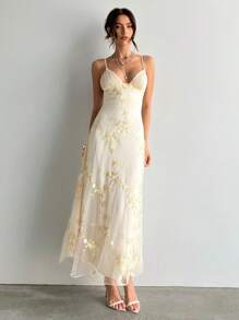 Aloruh 女士婚礼季性感优雅深 V 褶皱胸围刺绣修身腰部浪漫刺绣长裙蜜月装女士婚礼宾客礼服海岛度假装扮女士夏季礼服女士婚礼宾客礼服女士太阳裙母亲节装 - 杏色 - 查看 4