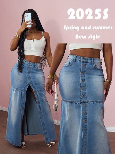 Slaydiva 2025 年夏季新款音乐节、生日派对、毕业典礼、学生日常穿着、休闲装、度假装、邮轮旅行、海滩装、日光浴装、时尚装、街头风格、朋克装、牛仔装、牛仔女孩装、做旧装、荷叶边装、高开衩装、金属纽扣装、前开襟装、修身美人鱼下摆装、牛仔蓝女式牛仔迷你裙