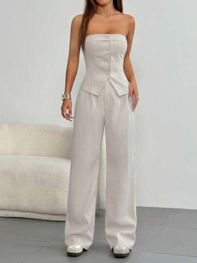 SHEIN PETITE Set de 2 piezas de top bandeau y pantalones para mujer, moda para el verano