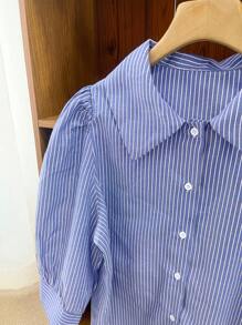 DAZY Women's Turn-Down Collar Striped Half Sleeve Lantern Sleeve Loose Blouse, Spring/Summer/Autumn