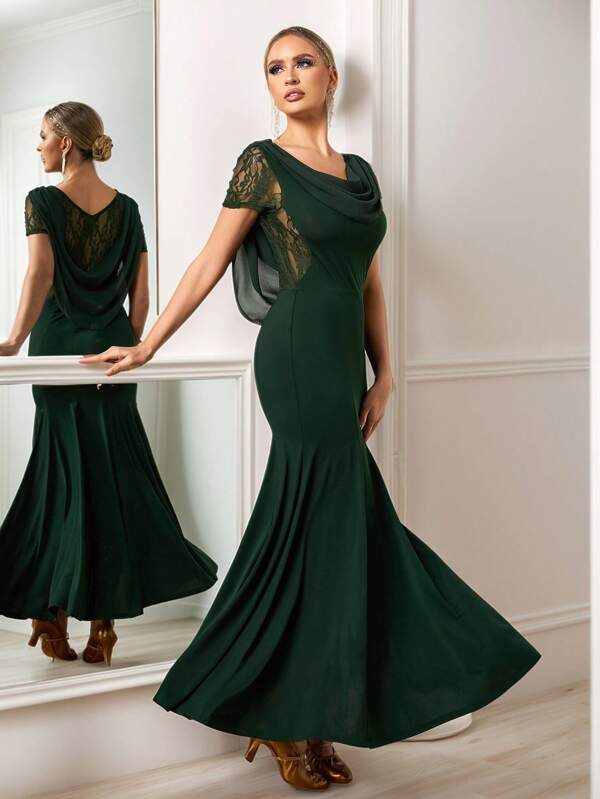 Mulvari Oversized Ruffle Lace Chiffon Patchwork Draped Neck Dress For Women, Suitable For Dancing