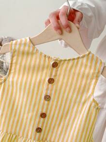 SHEIN LMoss Kids LMoss 2件套年轻女孩梭织纯色翻领修身休闲衬衫搭配梭织宽松裤 - 黃色 - 查看 5