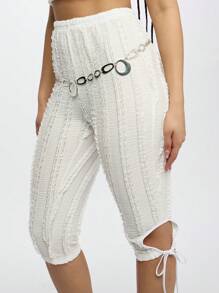 SUMWON WOMEN Textured Jersey Capri Leggings Side Tie Detail Summer Resort Vacation Beachwear Elastic Waist Casual Daytime Festival Wear - White - View 1