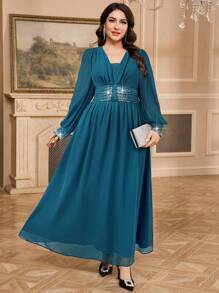 Modelyn Plus Size Women Rhinestone Decor Ruched Lantern Sleeve Elegant Dress