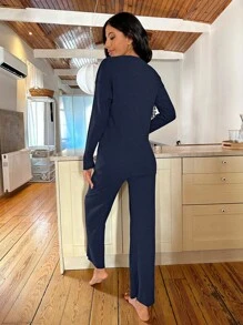 RueChic Slogan Pattern Tee & Pants Lounge Set - Navy Blue - View 2