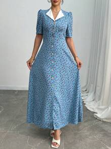 Modelyn Vestido elegante con manga corta de mujer con estampado floral tejido, panel de tela de contraste, botones delanteros y cintura ceñida