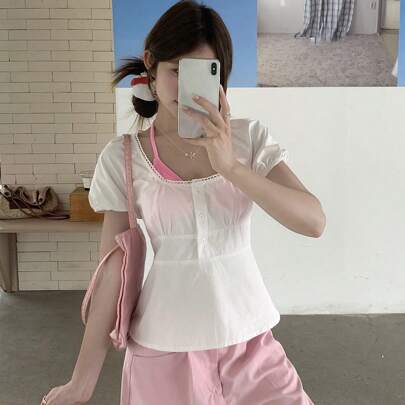 여성용 브이넥 캐주얼 솔리드 컬러 반팔 블라우스, 여름