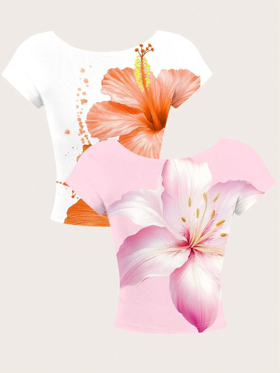 SHEIN EZwear 性感两件套露背圆领短袖短款修身T恤女款，适合夏季 - 彩色 - 查看 1