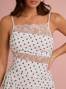 Enchnt Women's White With Black Polka Dots Summer Elegant Party Dress,Retro Lace Patchwork Hollow Spaghetti Straps Maxi Sun Dresses For Vacation&Wedding - White - View 2